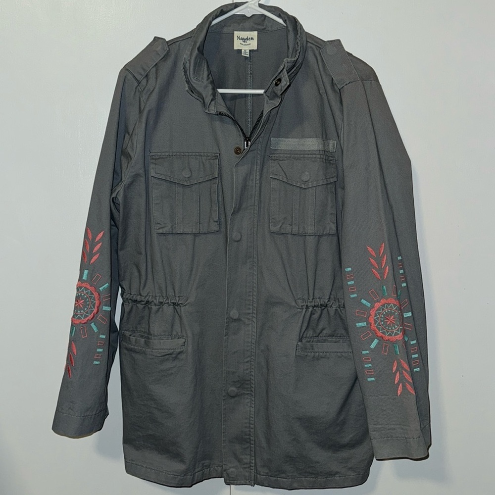 Hayden LA Embroidered Cargo Utility Jacket 100% Cotton Gray Women’s Medium M